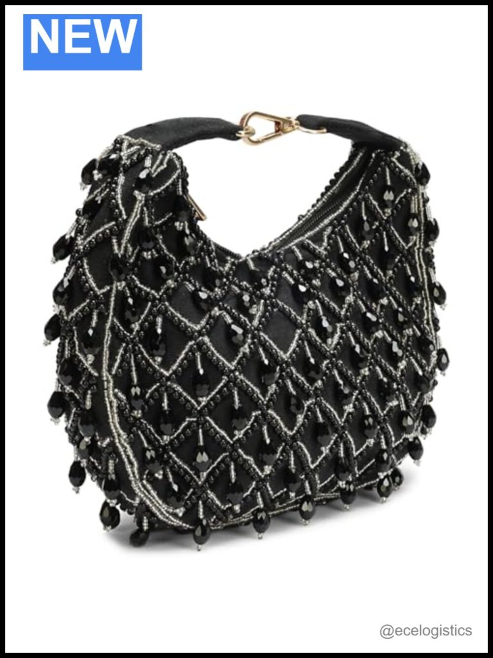 Crystal Embellished Beaded Hobo Clutch, Silk Satin Evening Purse, Zippered